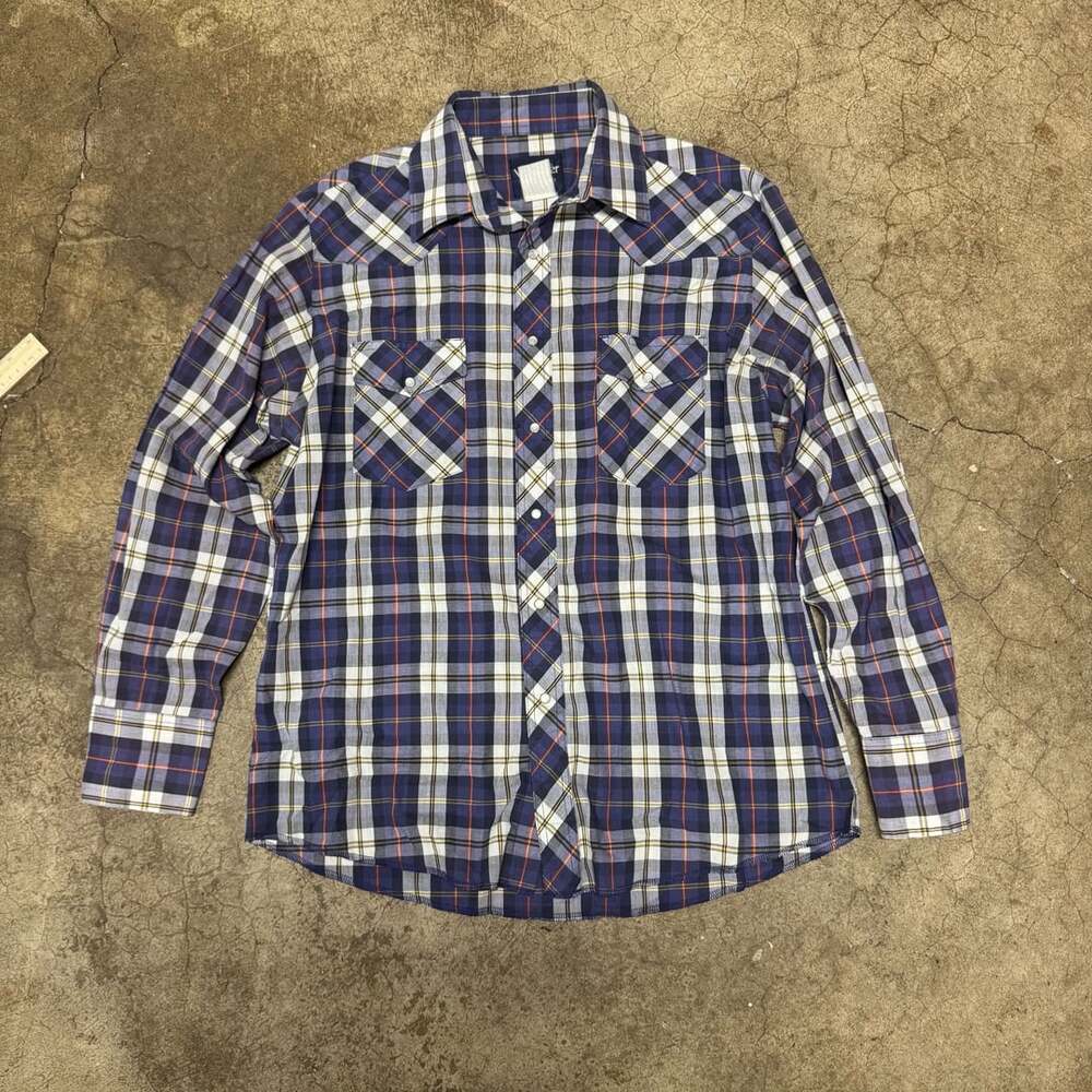 Wrangler Western Shirt Plaid Pearl Snap Blue Size XL